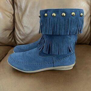 Comfortview Faux Suede Fringe Moccasin Bootie, Navy Blue, 11M